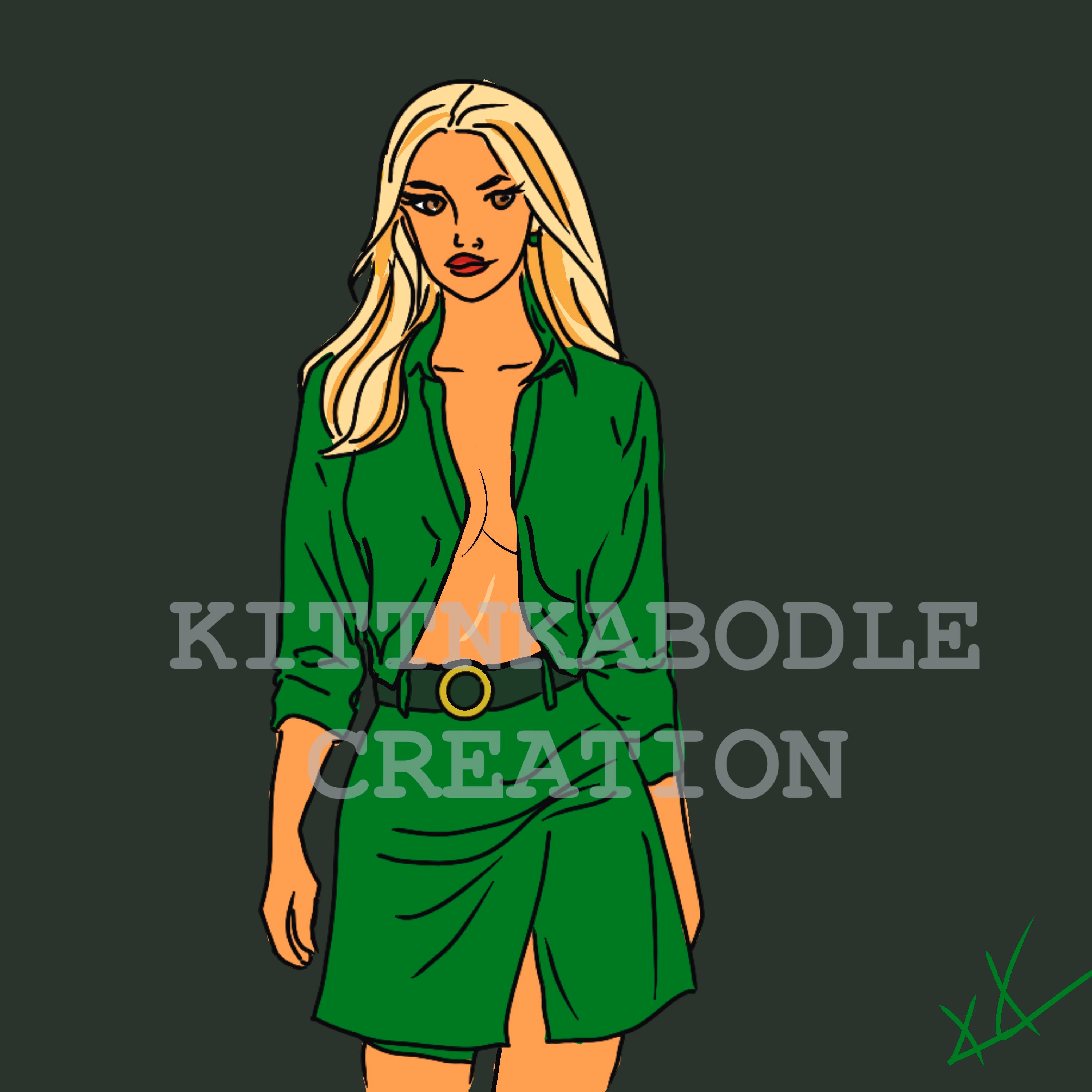 The Emerald Muse – Retro Glam Illustration by Kittnkabodle Creations